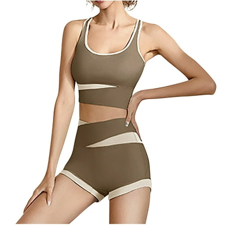HAPIMO Workout Outfits for Women 2 Pieces Yoga Shorts Set Gym Exercise Seamless Yoga Leggings with Sports Bra Fitness Activewear Discount Brown M