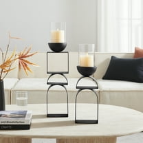 Black Modern Geometric Pedestal Tabletop Hurricane Candle Holders Set of 2