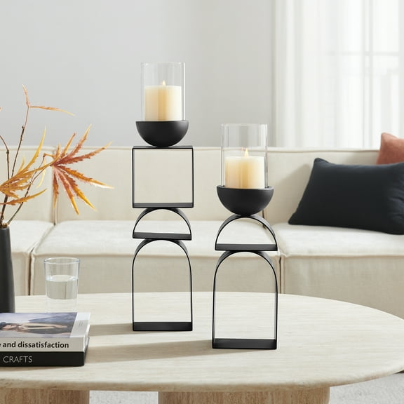 Black Modern Geometric Pedestal Tabletop Hurricane Candle Holders Set of 2