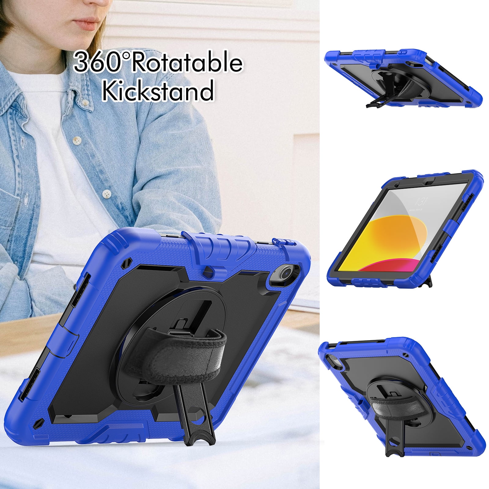 Allytech Shockproof Case for Apple iPad 11th 10th Gen 10.9 " with Build In Screen Protector, Rugged Rotating Stand Shoulder Strap Pencil Holder Bumper Kids Case for Apple iPad 10.9" 2025 2022
