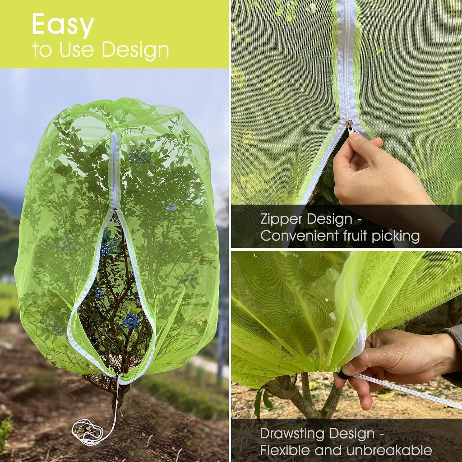 Fruit Tree Netting,  5.84 X 3.9 FT and 3.9 X 3.3 FT Blueberry Bush Netting Cover with Zipper Drawstring, Mosquito Net Garden Netting Protector Plant from Birds Cicadas Insect (4 PCS, Green)