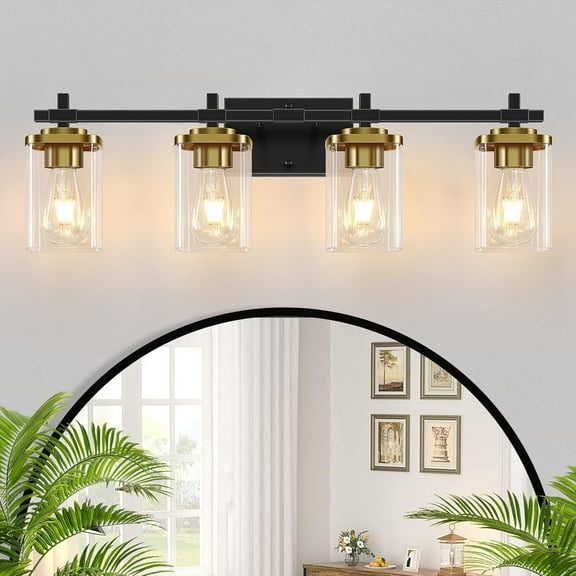 4 Light Bathroom Vanity Light Black and Gold Bathroom Lights over Mirror Vanity Lights Fixtures with Clear Glass Shade and E26 Bulb (Bulb not Included)