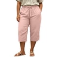 thumbnail image 5 of yardsong Womens Capri Pants Lace Trim Boho Casual Cotton Linen Capris Plus Size Lightweight Drawstring Waist Crop Pant with Pocket Pink,XXXXL, 5 of 6