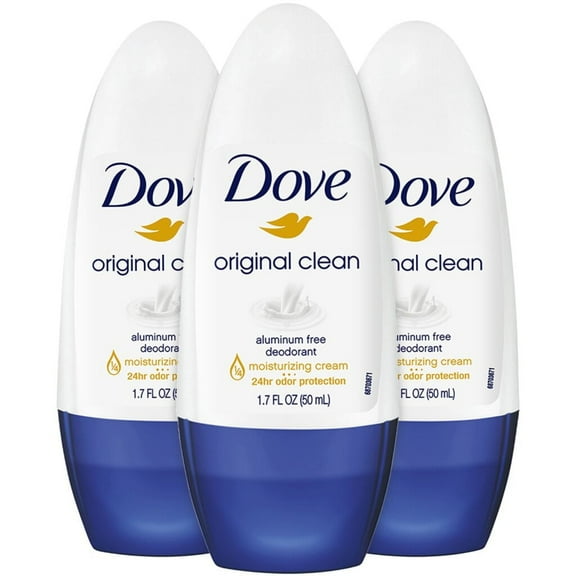Dove Aluminum-Free Deodorant for Women, Original Clean Roll-On 3-Pack – ¼ Moisturizing Cream Formula with 24H Odor Protection, 1.7 Fl Oz Ea