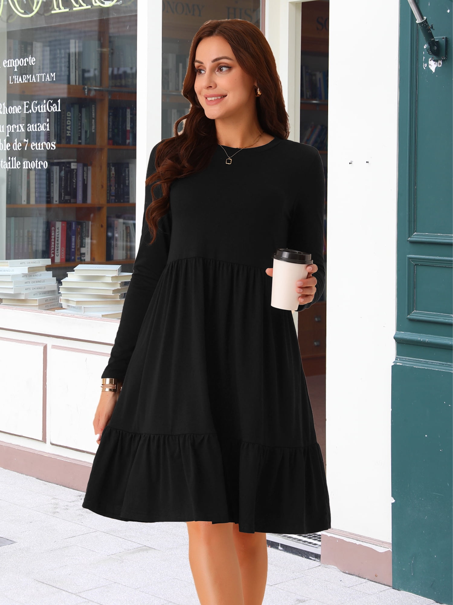 DARING DIVA Casual Long Sleeve Tiered A-Line Swing Dress S Black