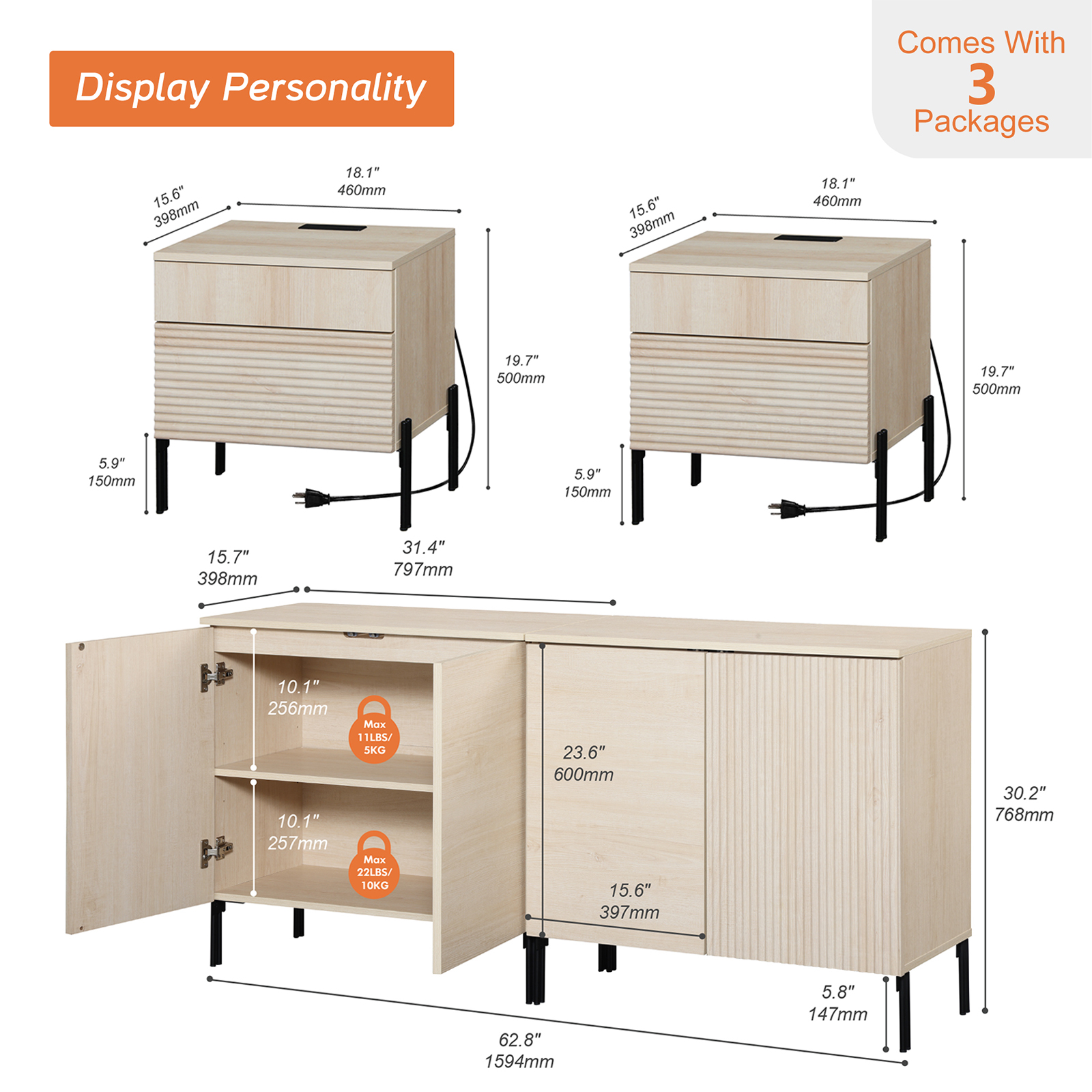 4 Pcs Bedroom Set，Wooden Dresser and Nightstand Sets for Bedroom, Reeded Dresser Set with Adjustable Shelves, Night Stand of 2 with Charging Station