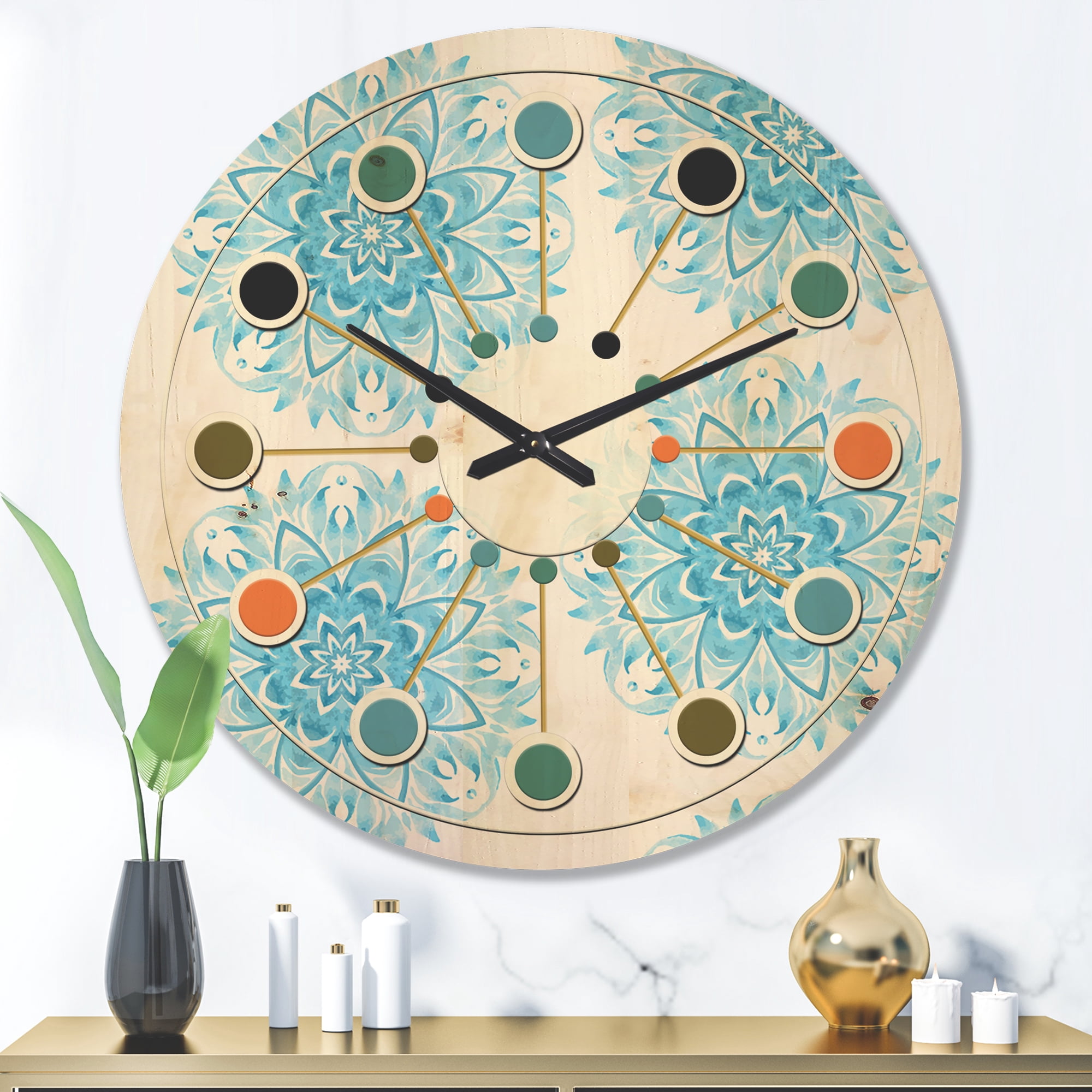 Designart 'Circular Retro Geometric In Blue' Mid-Century Modern Wood Wall Clock