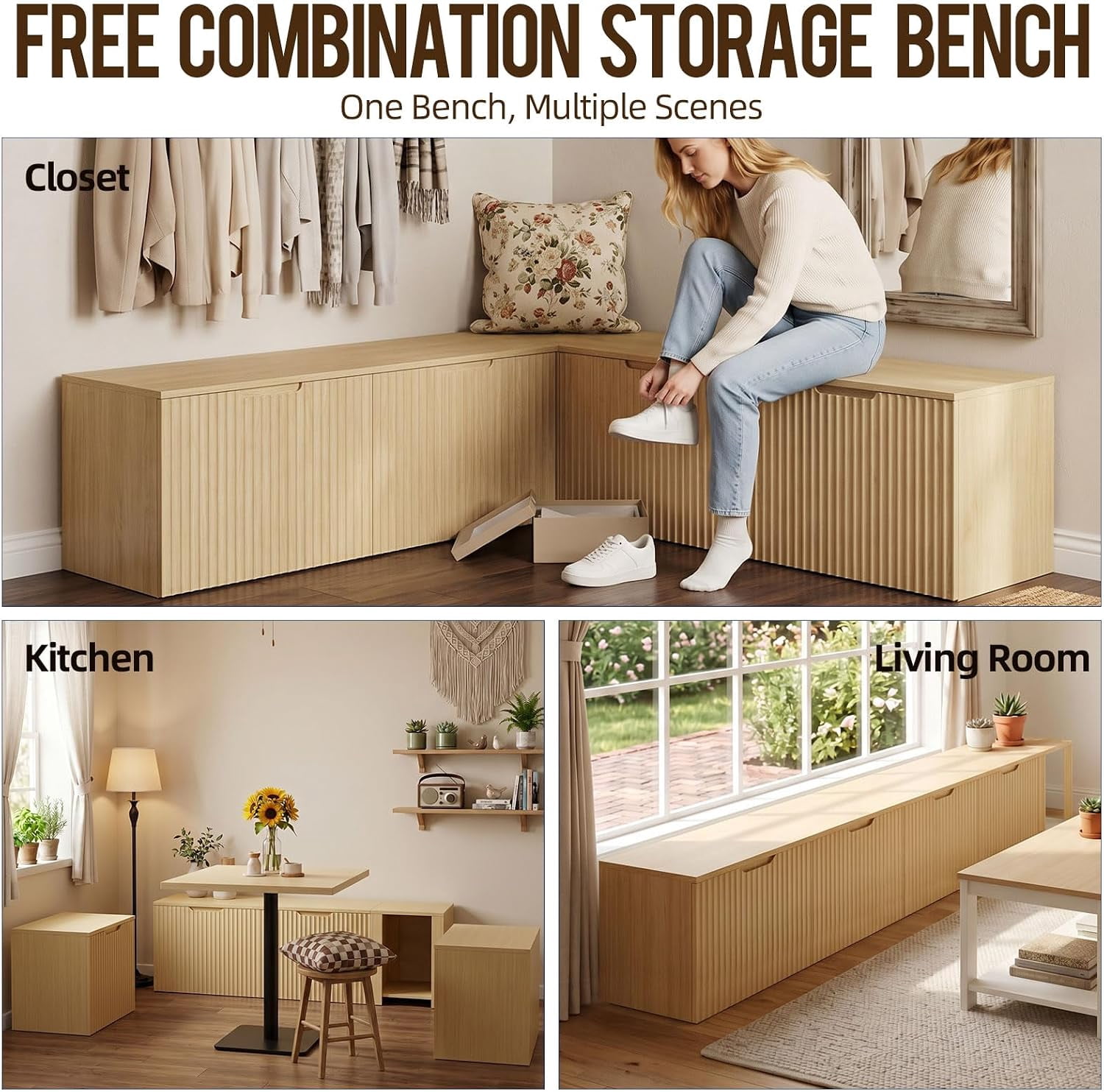 63" L Shaped Storage Bench, Modular Dining Bench Seating with Hidden Storage, Safety Soft-Close Hinges