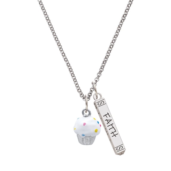 Delight Jewelry Silvertone 3-D White Cupcake with Sprinkles Silvertone Believe Faith Prayer Hope Bar Charm Necklace, 23"