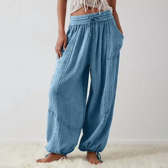 VIWORLD Women's Solid Wide Leg Pants with Elastic Drawstring Waist, Adjustable Hem, Slant Pockets For Spring/Fall