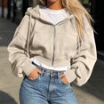 thumbnail image 3 of Yeaiivve Cropped Hoodies for Women Drawstring Full Zip Jackets Lantern Sleeve Oversized Sweatshirts Lightweight Fall Jacket with Front Pockets L, 3 of 4