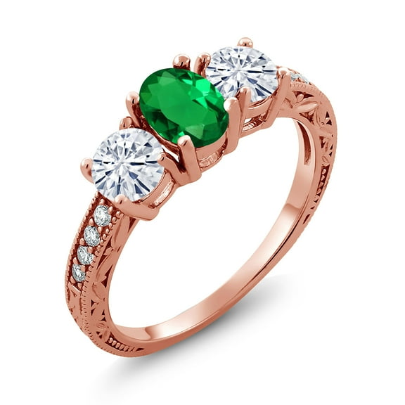 Gem Stone King 18K Rose Gold Plated Silver 3-Stone Ring Nano Emerald Moissanite(1.72 Cttw) (Size 9)