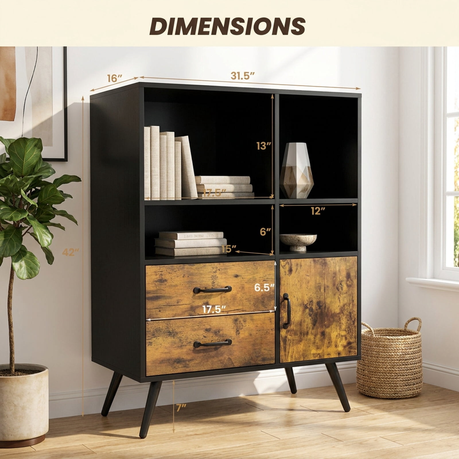 Furnibear Industrial Buffet Sideboard Kitchen Cupboard with Cubbies Drawers for Kitchen Dining Living Room Buffet Storage Server, Rustic Brown