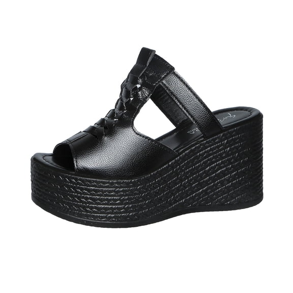 Black Women'S Fashionable Straw Woven Wedge Heel Sandals Thick Sole Retro Design