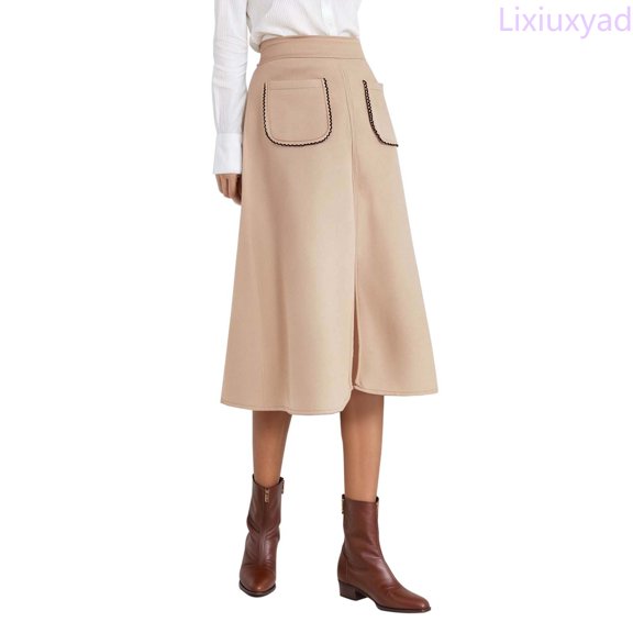 Lixiuxyad Women's Skirt Women's Suede A Line Midi Skirt With Elastic Waist And Front Pockets For Fall And Winter,Beige