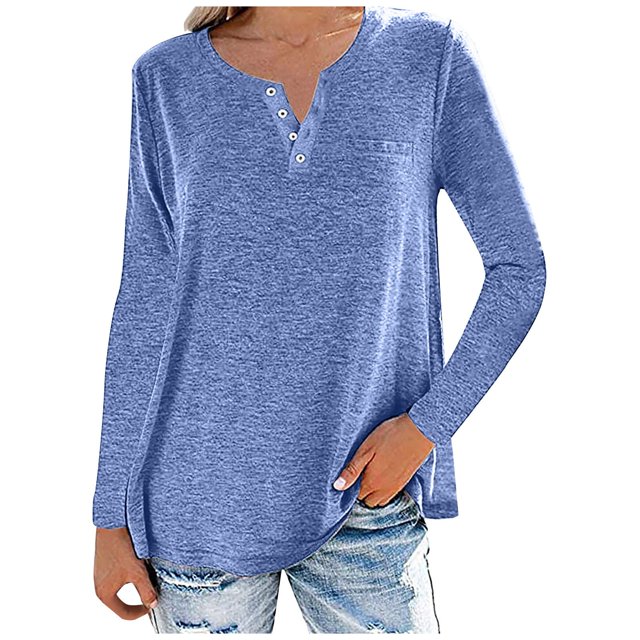 Blusa holgada de manga larga con cuello en V y botones de color liso informal para mujer Pompotops gfhjh11873