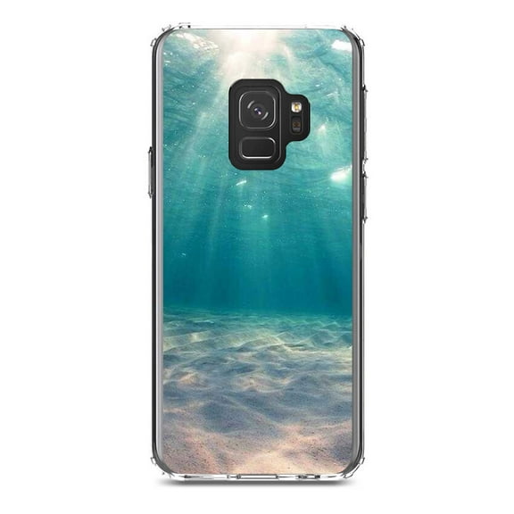 DistinctInk Clear Shockproof Hybrid Case for Samsung Galaxy S9 (5.8" Screen) - TPU Bumper, Acrylic Back, Tempered Glass Screen Protector - Underwater Sun Sand