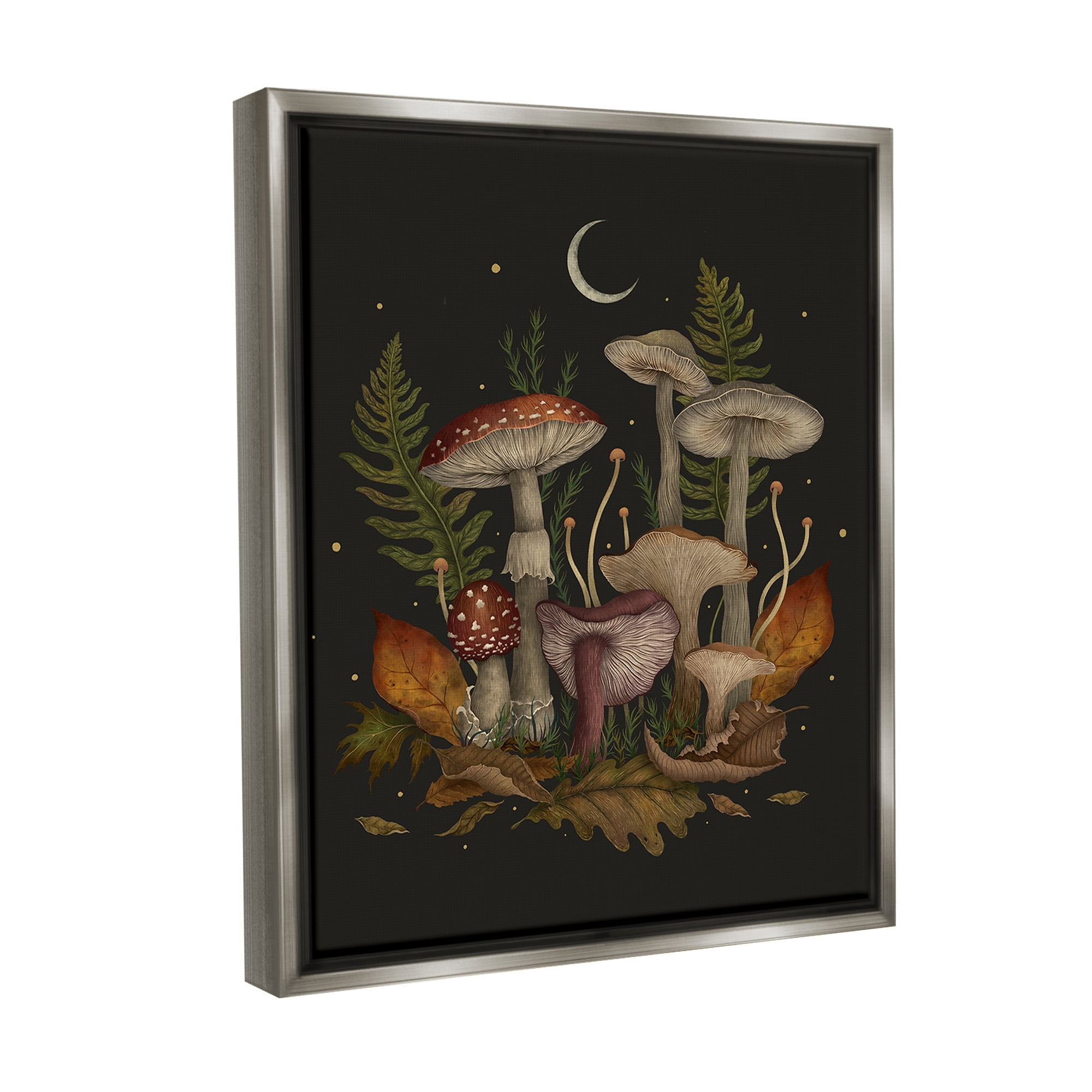 Stupell Industries Dark Mushrooms with Moon Botanical & Floral Painting Gray Floater Framed Canvas Art Print Wall Art, 17 x 21
