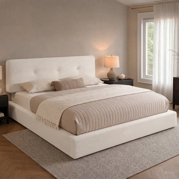 melmine Cloud Bed Frame King with Rounded Corner Boucle Platform Bed Frame with Upholstered Headboard,Easy Assembly,White
