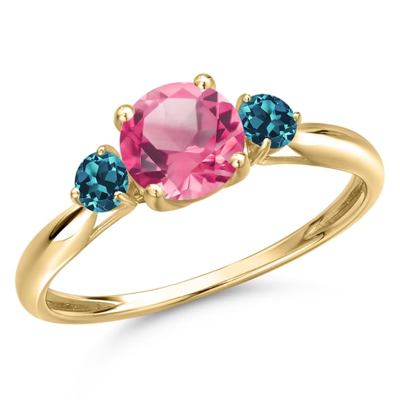Gem Stone King 10K Yellow Gold Pink Mystic Topaz and London Blue Topaz 3-Stone Ring for Women | 1.76 Cttw | Round 6MM | Gemstone November Birthstone | Size 7