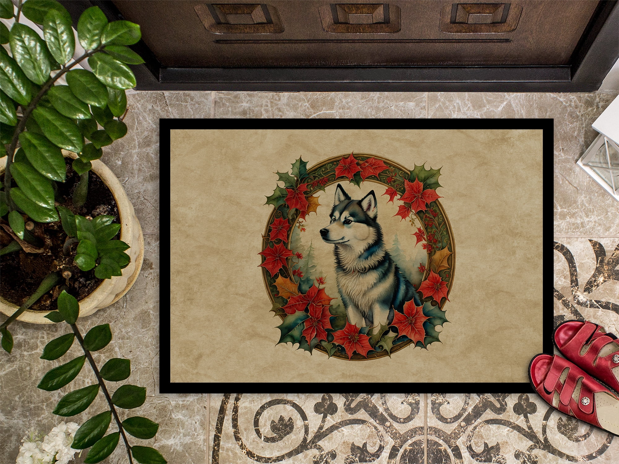 Carolines Treasures DAC2298MAT 18 x 27 in. Unisex Alaskan Klee Kai Christmas Flowers Doormat
