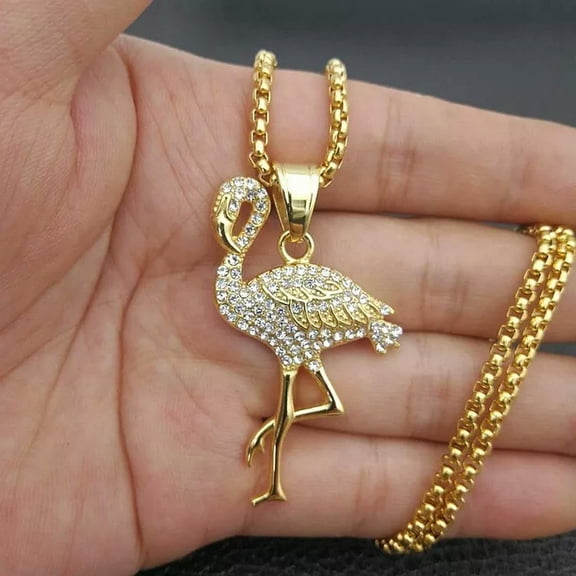 HOOUN Men's Amulet Gold Plated Rhinestone Flamingo Necklace Pendant Fashion Jewelry