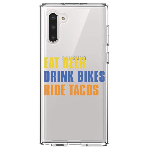 DistinctInk Clear Shockproof Hybrid Case for Samsung Galaxy Note 10 (6.3" Screen) - TPU Bumper Acrylic Back Tempered Glass Screen Protector - Eat Beer Drink Bikes Ride Tacos