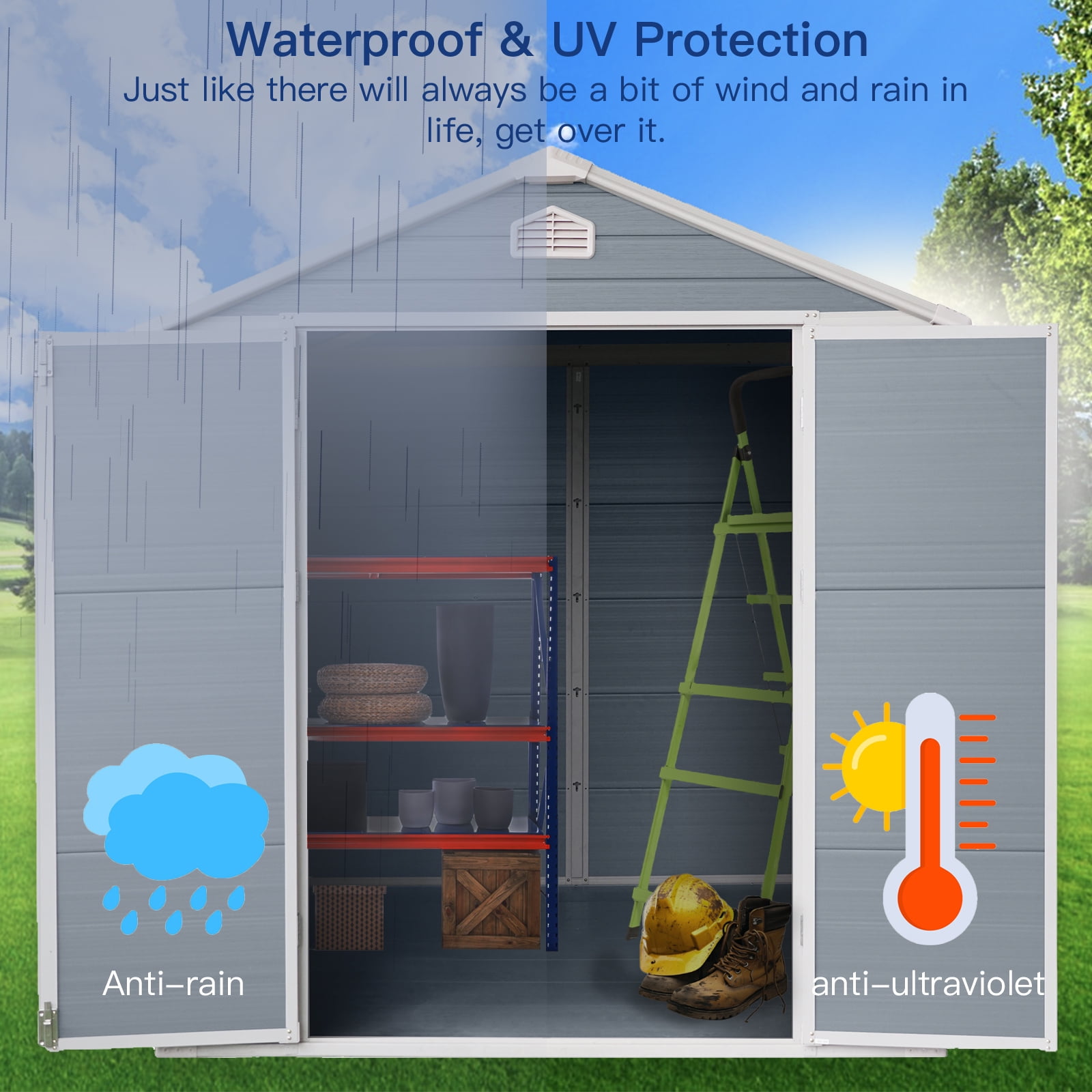 Alvantor 8 x 6 Ft Resin Storage Shed with Floor Plastic Garden Shed with Window and Lockable Door for Backyard, Garden, Patio Grey