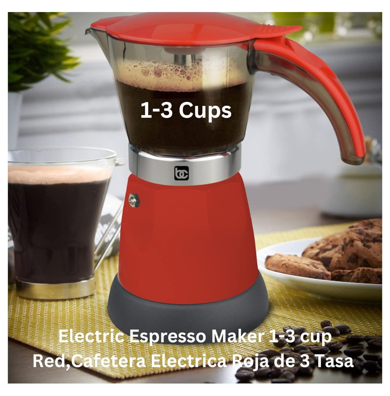 YgIRTID - Electric Espresso Maker 1-3 Cup Red, Cafetera Electrica Roja de 3 Tasa Model BC-95514.