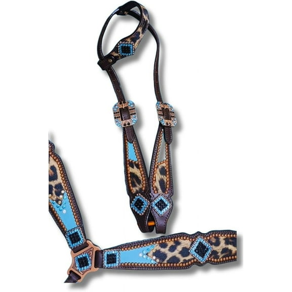Western Premium Leather Equestrian Headstall, Breast Collar, Reins & Wither Straps - Hand-Carved Tooled Beaded Design (FULL)