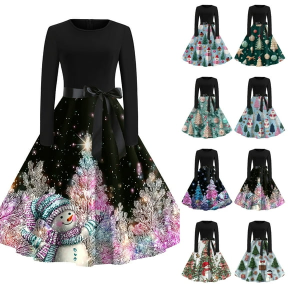 Christmas Dresses for Women Women's Fashionable And Elegant Autmn And Winter Long-sleeved Round Neck Christmas Print Dress for Holiday Party,Cyan,L