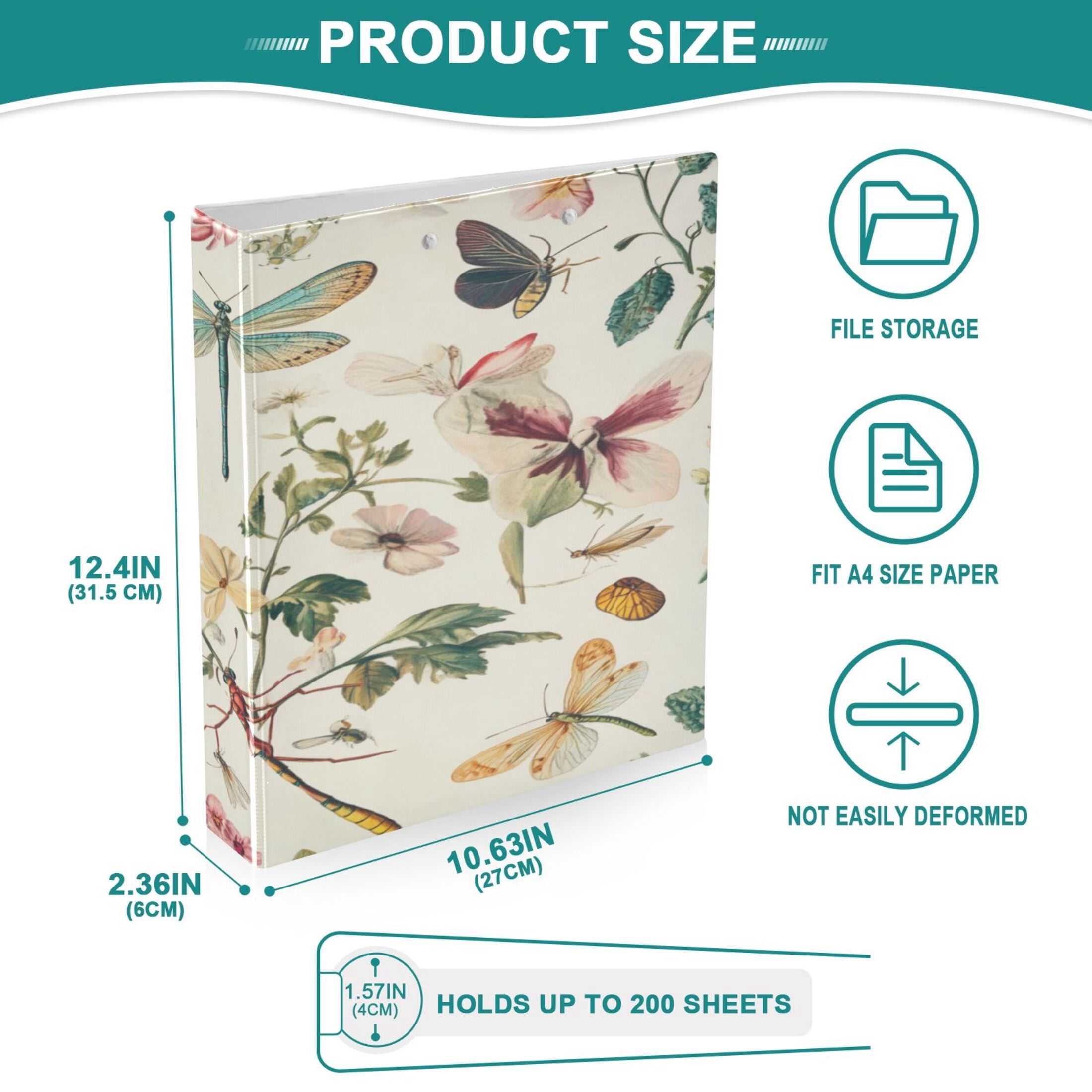 WOBOGO Dragonfly Print Painting File Folders Extra Large Capacity to Hold 200 Sheets of Documents Hard Shell Ring Binder for School Home Office