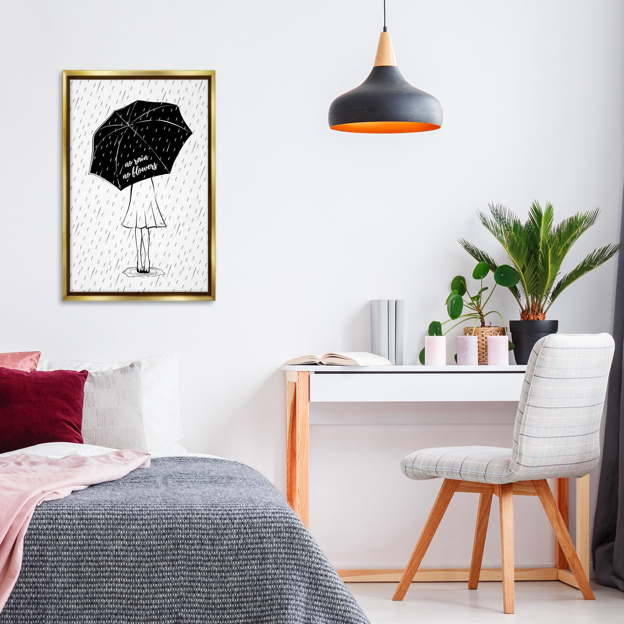 Stupell Industries No Rain No Flowers Novelty Painting Gold Floater Framed Art Print Wall Art, 21 x 31