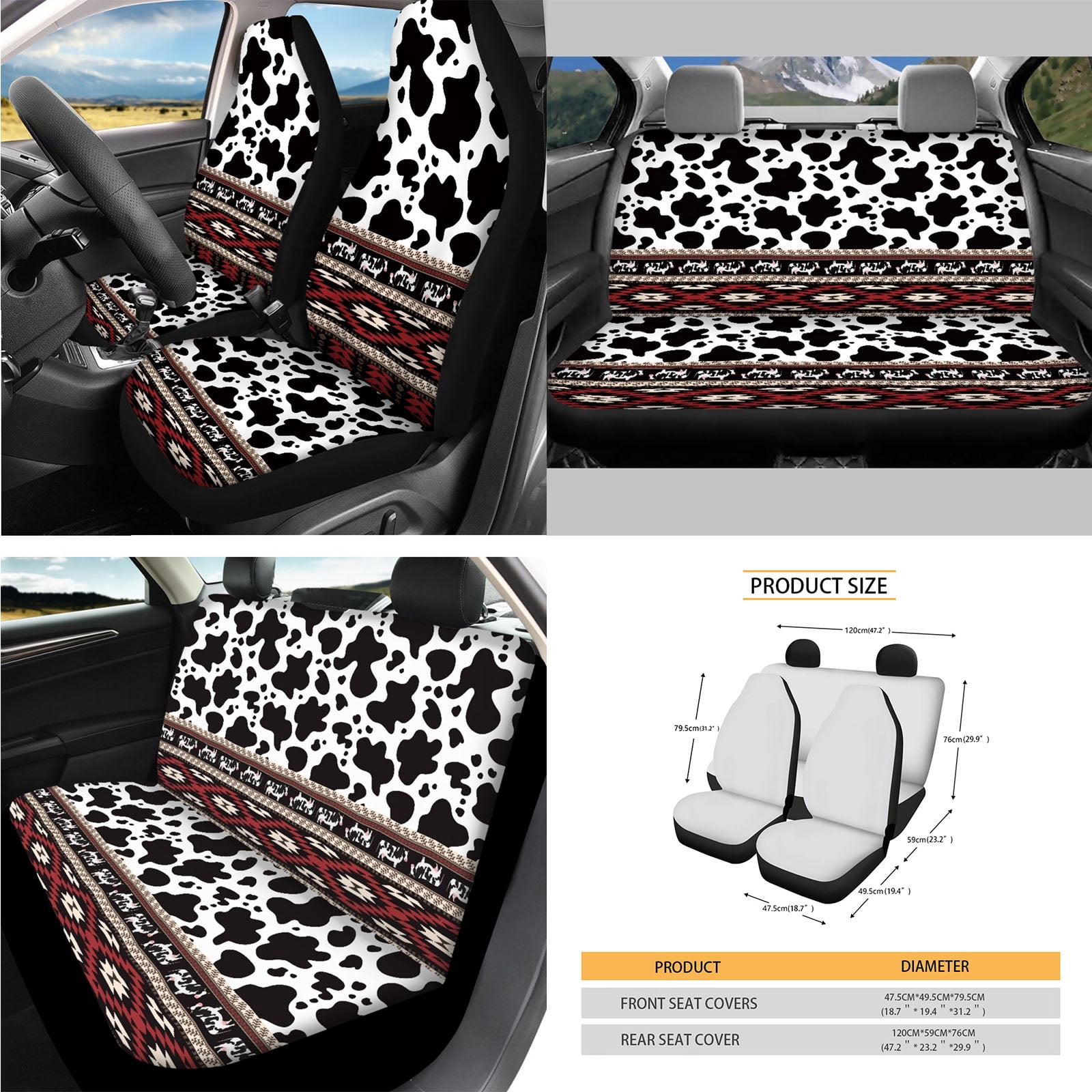 Yuyamidu Red Aztec Car Seat Covers Full Set with Steering Wheel Cover Safe Belt Pads Handbrake Cover Cup Mat Garbage Bin Rearview Mirror Cover Center Console Cover 14 PCS Cow Print Auto Accessories