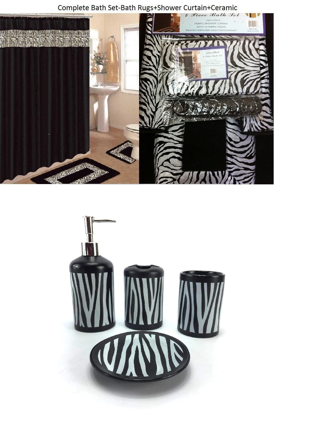 Black Zebra Animal Print Bath Rug Set, Animal Print Bathroom Set