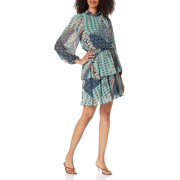 LAUNDRY BY SHELLI SEGAL Womens Long Sleeve High Neck Mini Dress with Tiered Skirt 6 Blue Multi