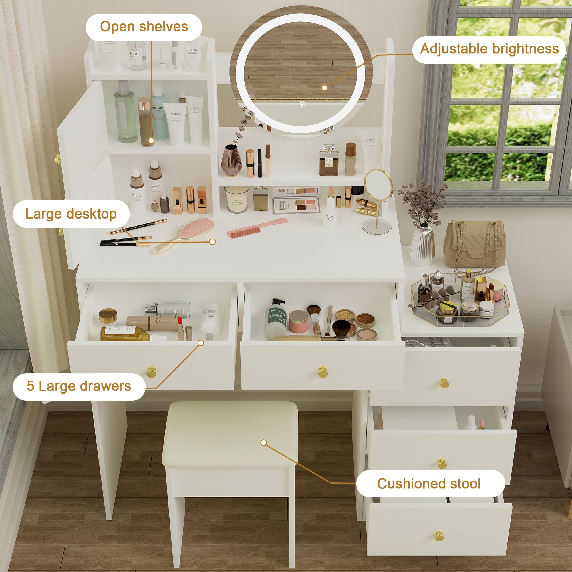 Makeup Vanity Desk with Mirror and Lights Dressing Table with 5 Drawers Bedroom Storage Cabinet