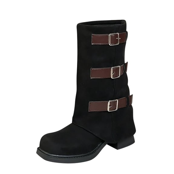 Black Women Mid-Calf Boots With Belt Buckle And Square Toe For Casual Wear