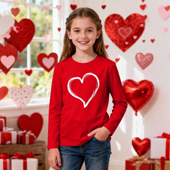 Girls Valentine's Day Heart Shirt Long Sleeve Soft T-Shirt, Stretchy Kids Red Top for Holiday & Casual Wear, Sizes 3-4 to 13-14 Years,Size 7-8 T
