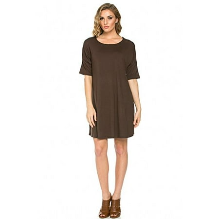 Stone Dress Clip - Sassy Apparel Women's Solid Color Tunic A-line Short Sleeve Dress (Large, Brown)