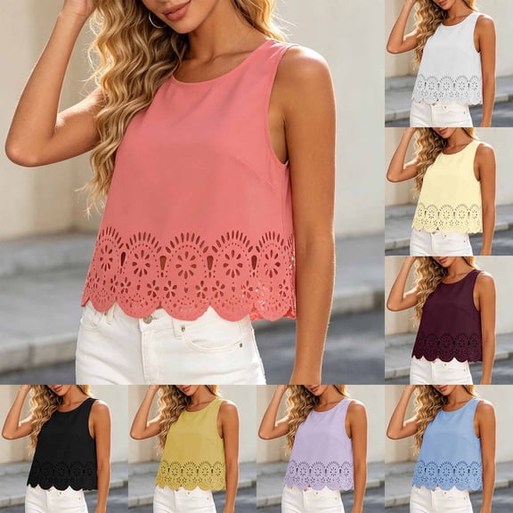 Sokhug Womens Sleeveless Tank Top 2026 Round Neck Trendy Crochet Lace Hem Soft Casual Camisole Tank Tops