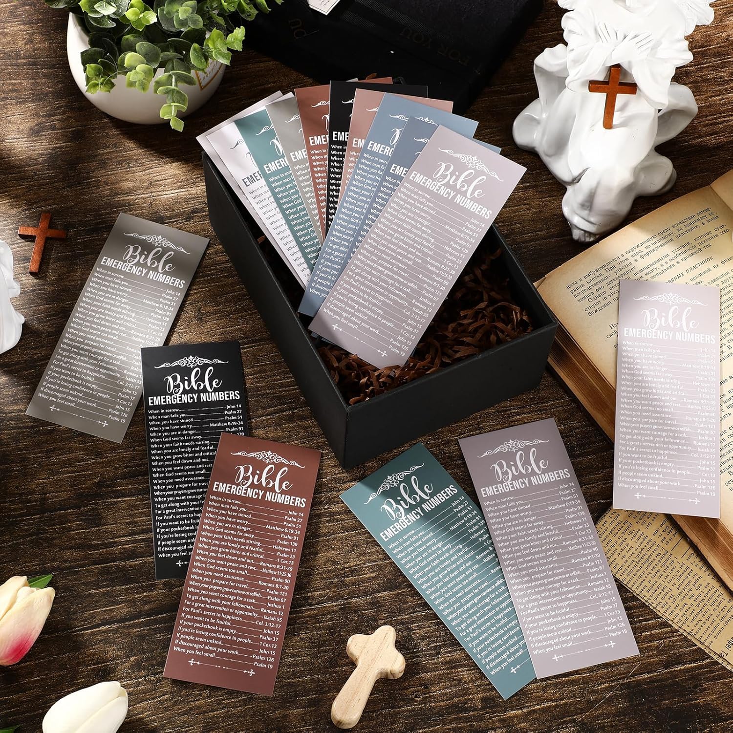 100 Pcs Christian Bible Verse Emergency Numbers Bookmark Christian Church Gift 2.36 x 6'' Religious Books of The Bible Bookmark for Women Men Catholic Retreat Sunday School(Morandi)