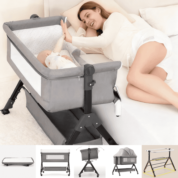 4 in 1 Baby Bassinet Foldable Infant Bedside Crib Bed Portable Baby Swing with Changing Table,Wheels,Mosquito Net,Height Adjustable ,for Infant,Toddler,Unisex,Grey