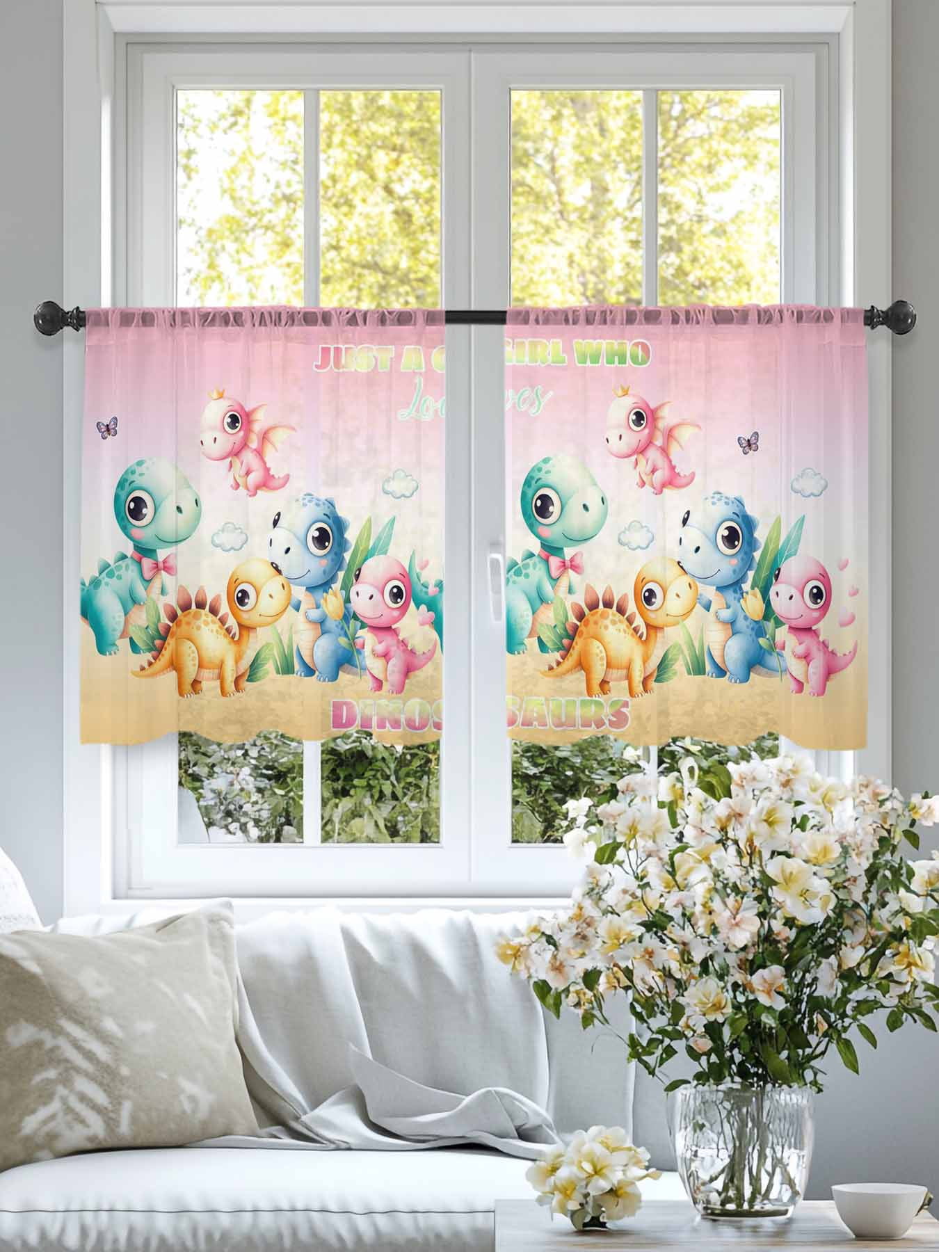 Cartoon Dinosaurs Sheer Curtains 2 Panels Set Just A Boy Who Loves Dinosaurs Gradient Pink Yellow Sheer Window Curtains Light Filtering Rod Pocket Voile Drapes for Bedroom Living Room 52"x54"