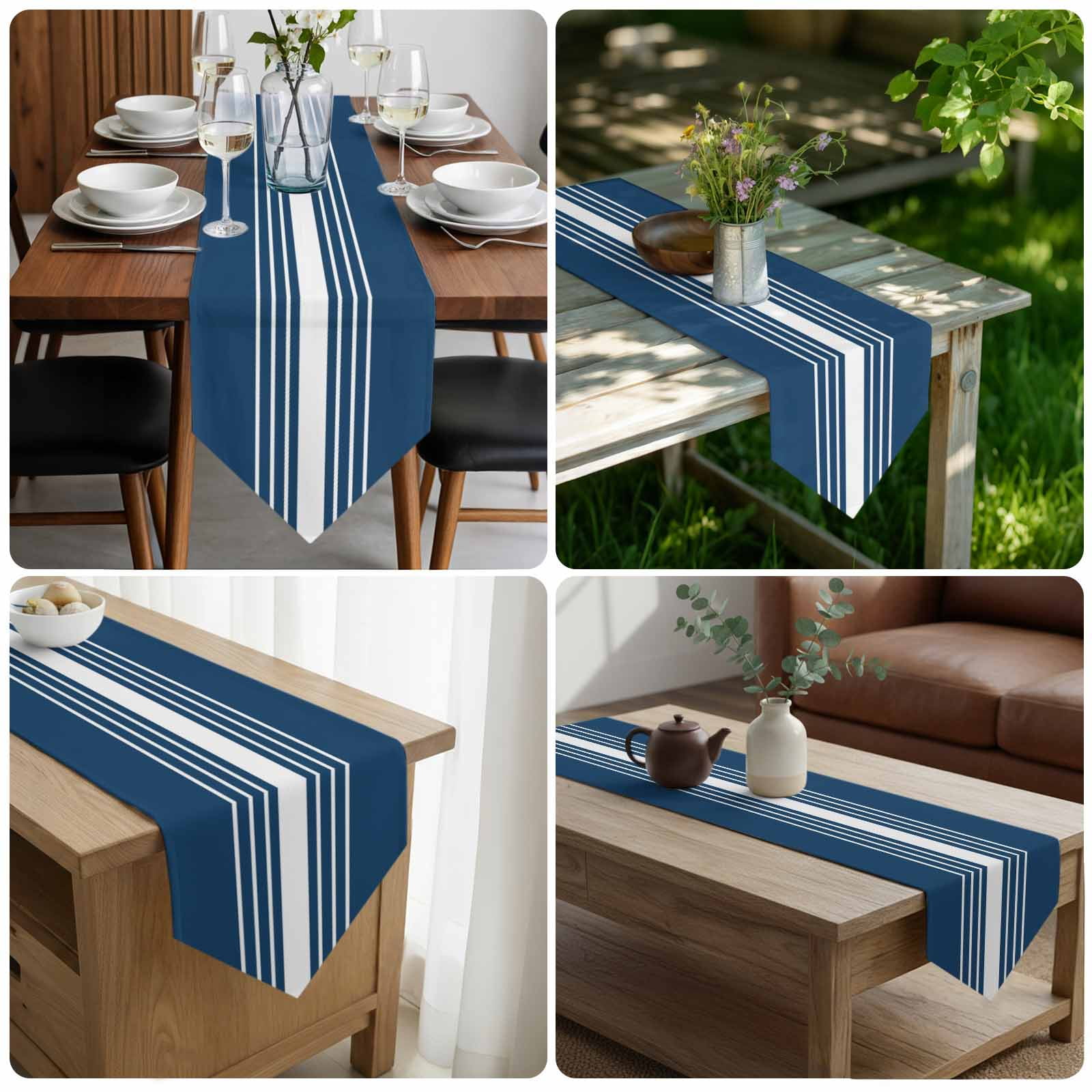 Navy Blue White Stripe Table Runner Linen Burlap Table Runner 90 Inches Long Modern Rustic Vertical Striped Dresser Scarves for Kitchen Island Coffee Dining Room Party Holiday Decoration 13"x90"
