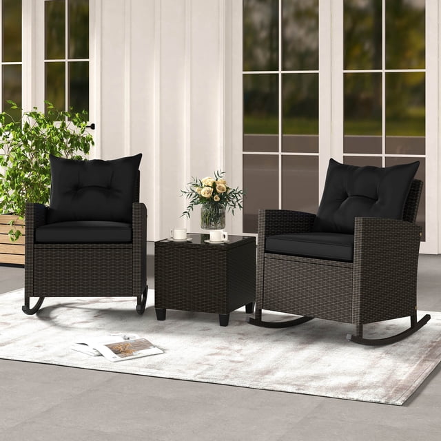 Costway Ensemble de 3 Pcs pour Terrasse en Osier à Bascule avec Table en Verre Trempé et Coussins Doux Extérieur Noir
