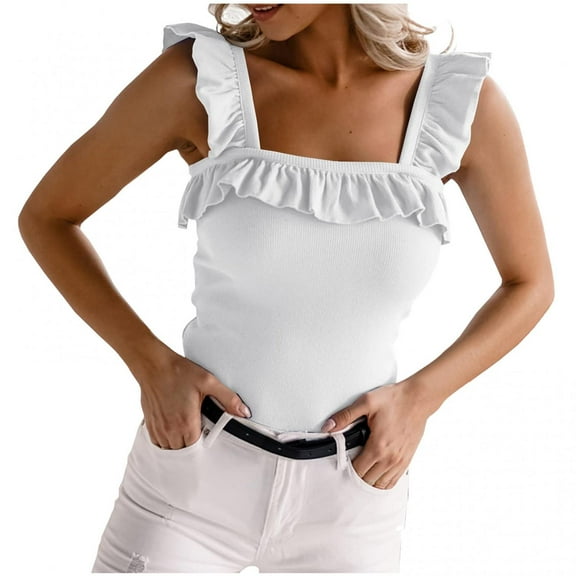 Womens Summer Sleeveless Corset Tops Ruffle Square Neck Solid Ribbed Tank Tops Camisole Sim Fit Sexy Tunic Tanks Shirts