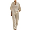 thumbnail image 4 of Breezora Women's Summer Casual Knit 2 Piece Outfit Batwing Sleeve Stand Collar Blouse Wide Leg Pants Loose Fit Set, 4 of 7