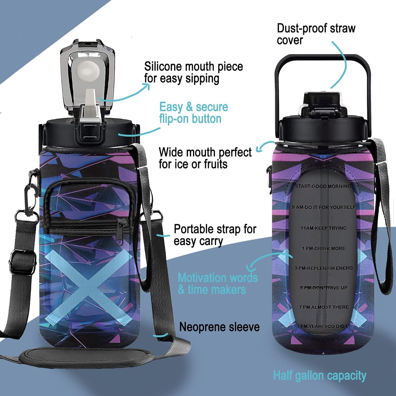 Half Gallon Water Bottle with Sleeve 1/2 Gallon Water Bottle 64 Oz Water Bottle with Time Marker, Motivational Water Bottle Half Gallon Water Bottle with Straw for Women Gym Yoga Pregnance