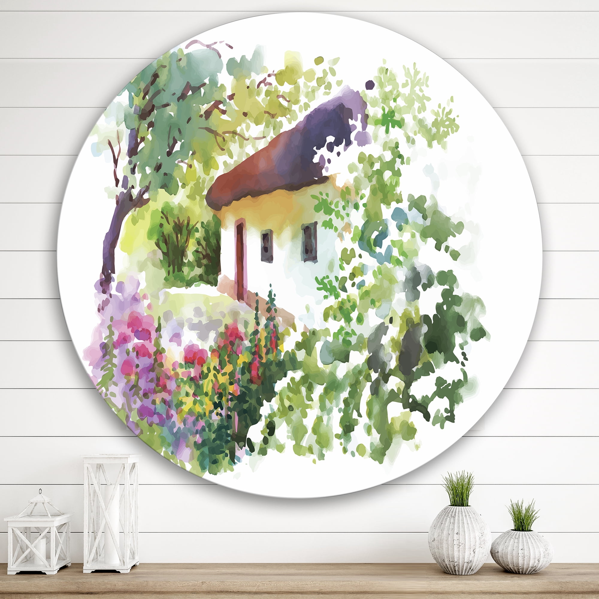 Designart 'Rural Village House On A Green Summer Day' Traditional Circle Metal Wall Art 29x29 - Disc of 29